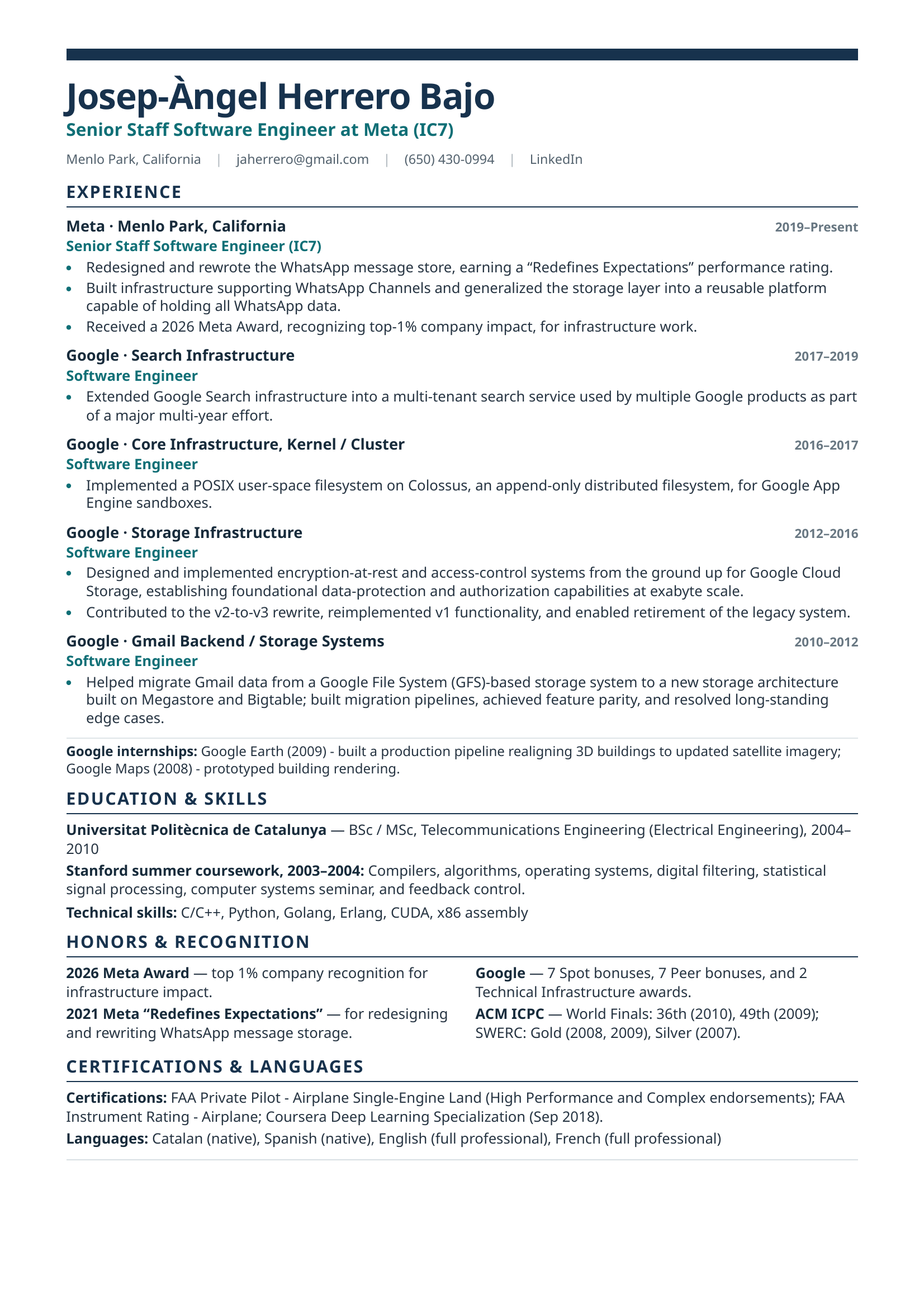 Résumé of Josep-Àngel Herrero Bajo (one page)